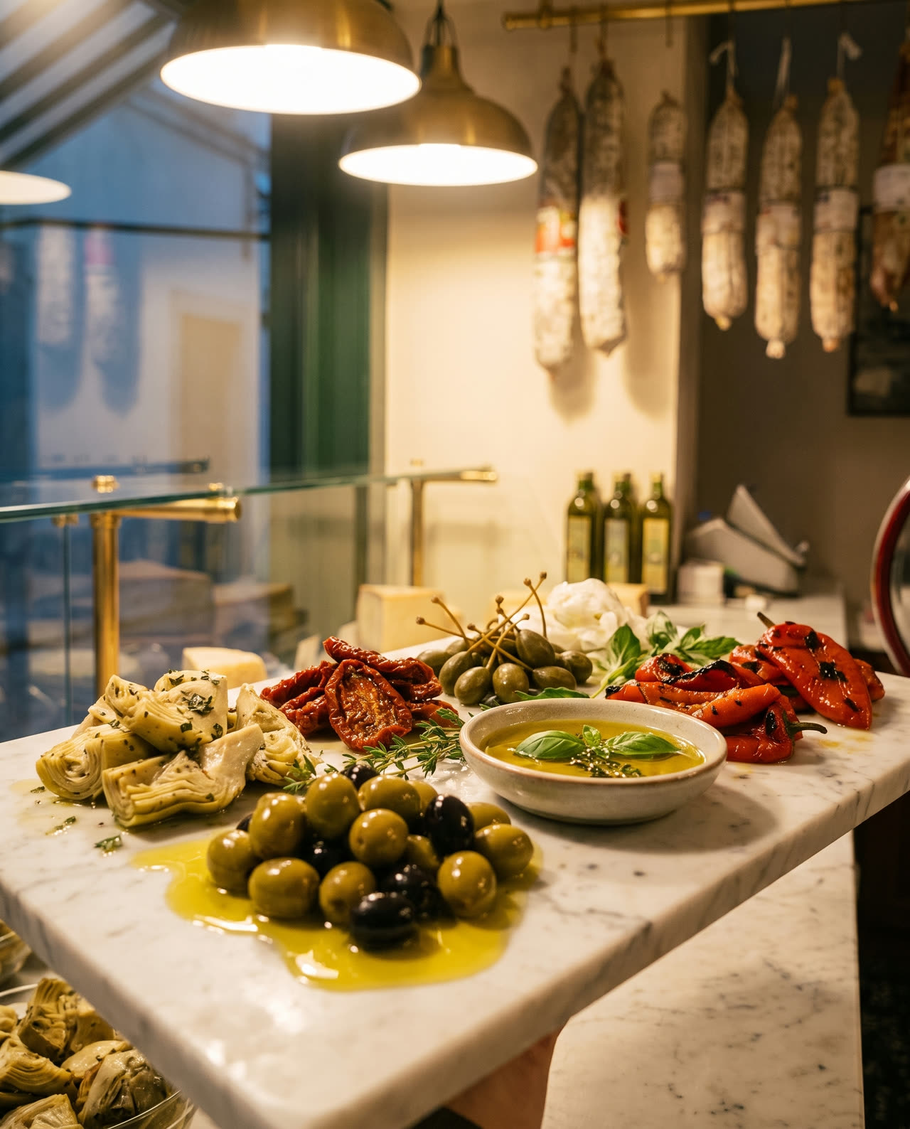 Olives, artichoke hearts, sun-dried tomatoes and roasted peppers dressed with oil