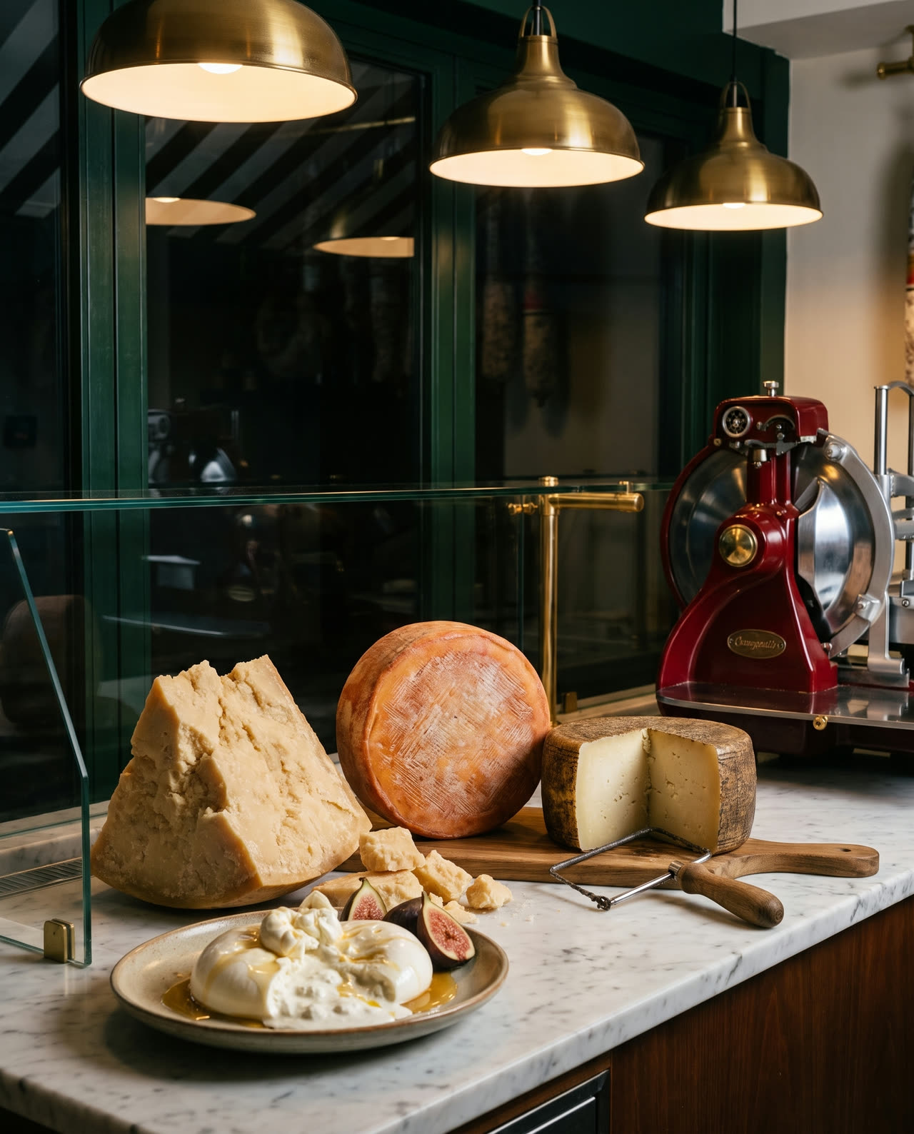 Parmigiano, taleggio, pecorino and burrata with figs and honey