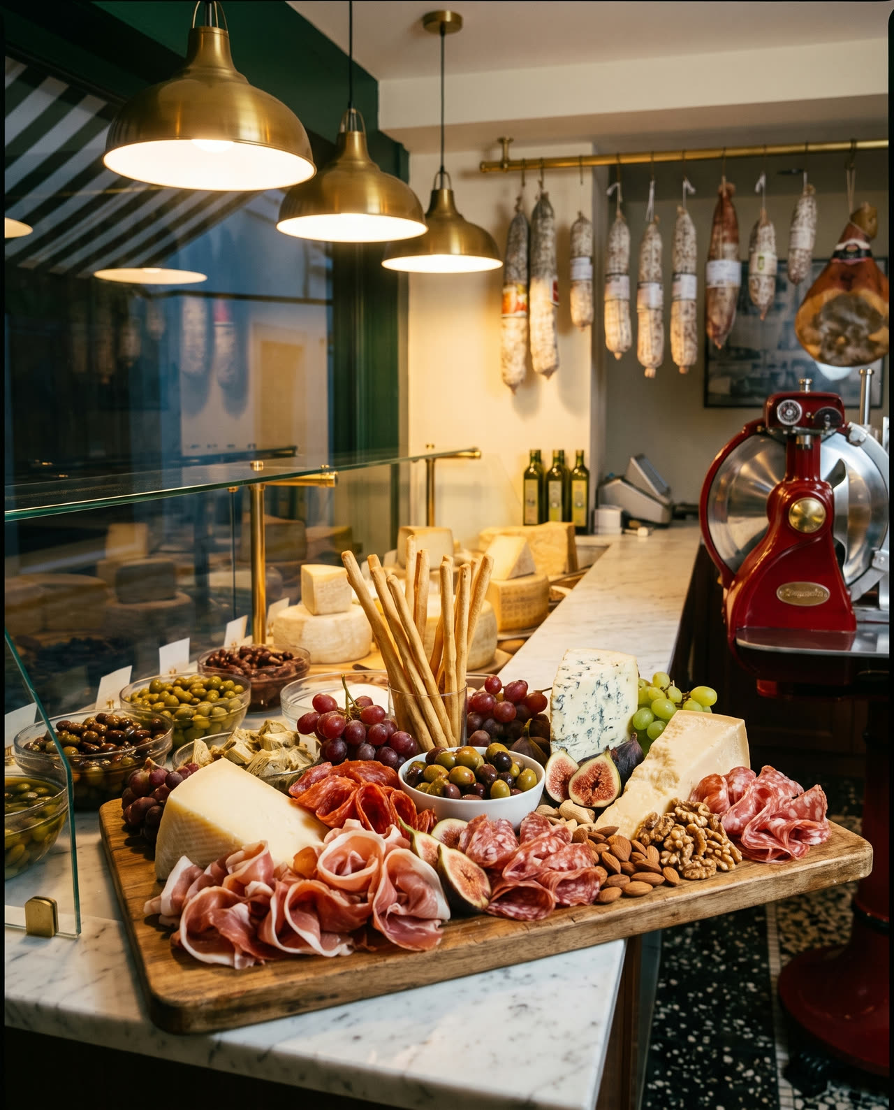 A wooden grazing board covered in folded prosciutto, salami, cheese, grissini, grapes and figs