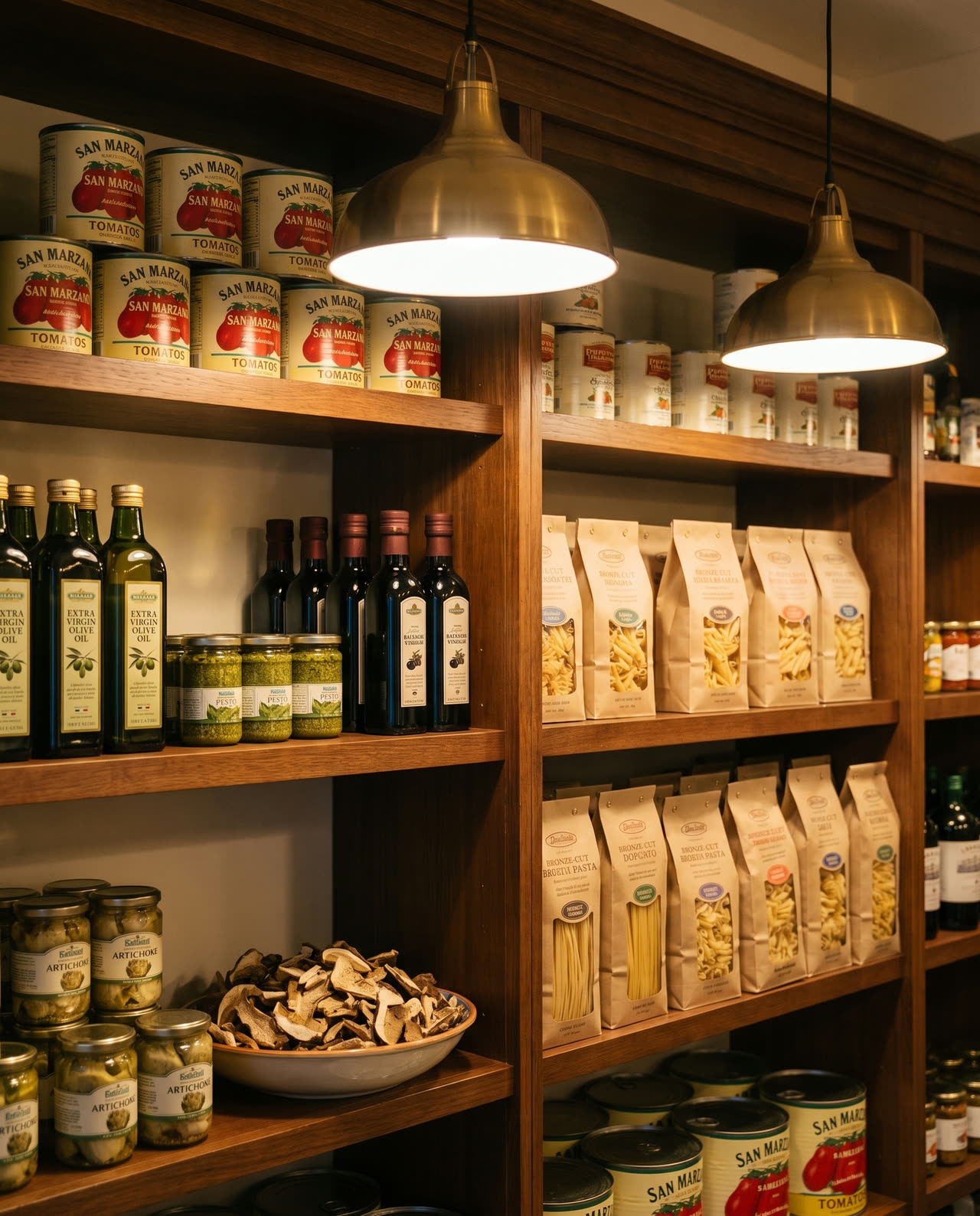 Shelves of tinned tomatoes, olive oil, dried pasta and jars of pesto