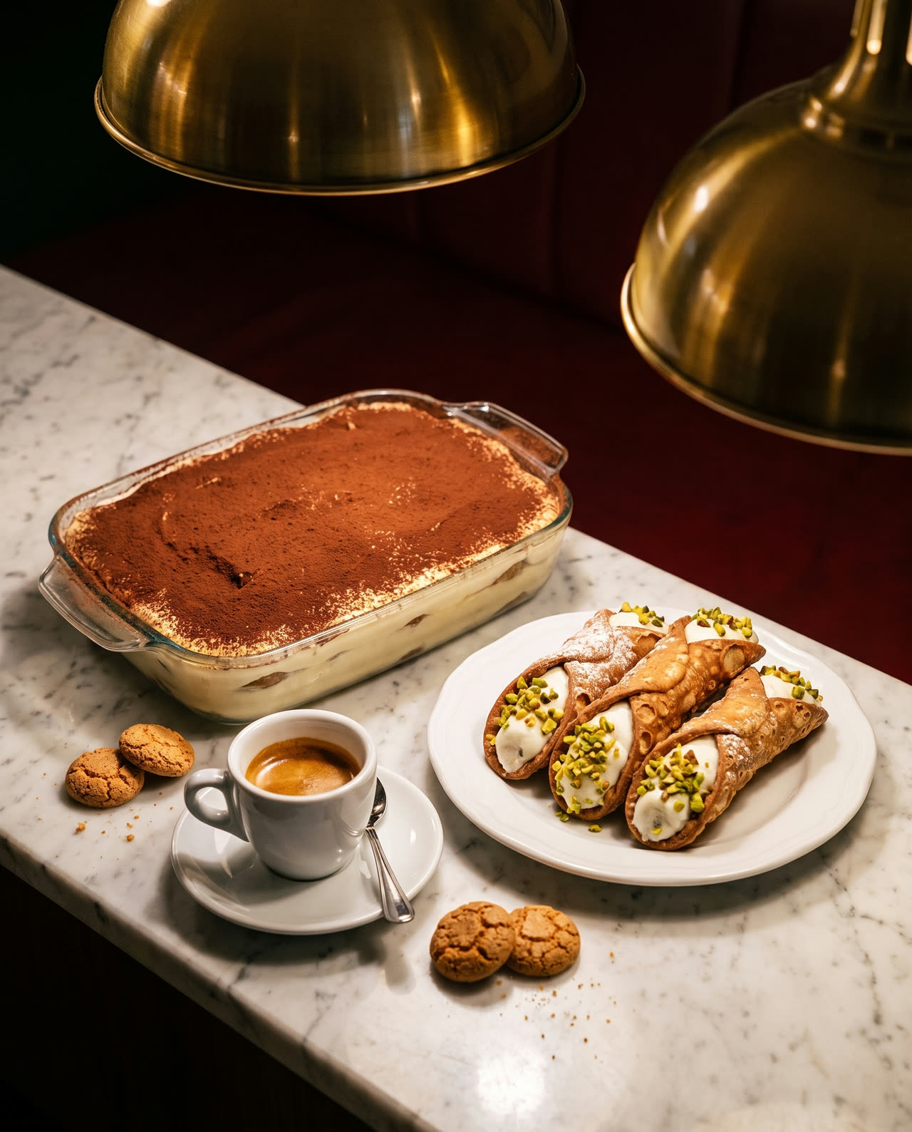 Tiramisu dusted with cocoa, pistachio cannoli and an espresso