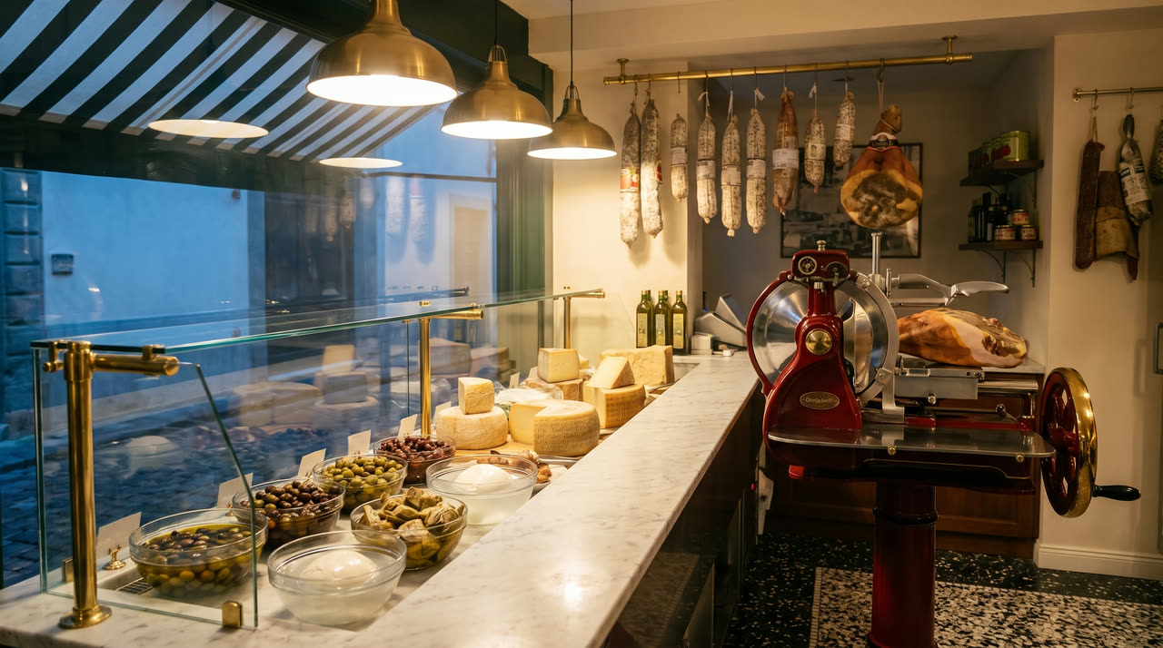 The marble counter at Bottega Rossi, olives and cheeses under glass with the red flywheel slicer at the end