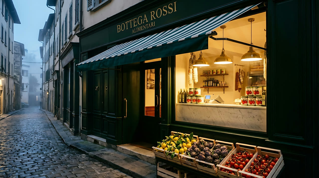 The green painted shopfront of Bottega Rossi at dawn, crates of lemons and artichokes outside and warm light inside