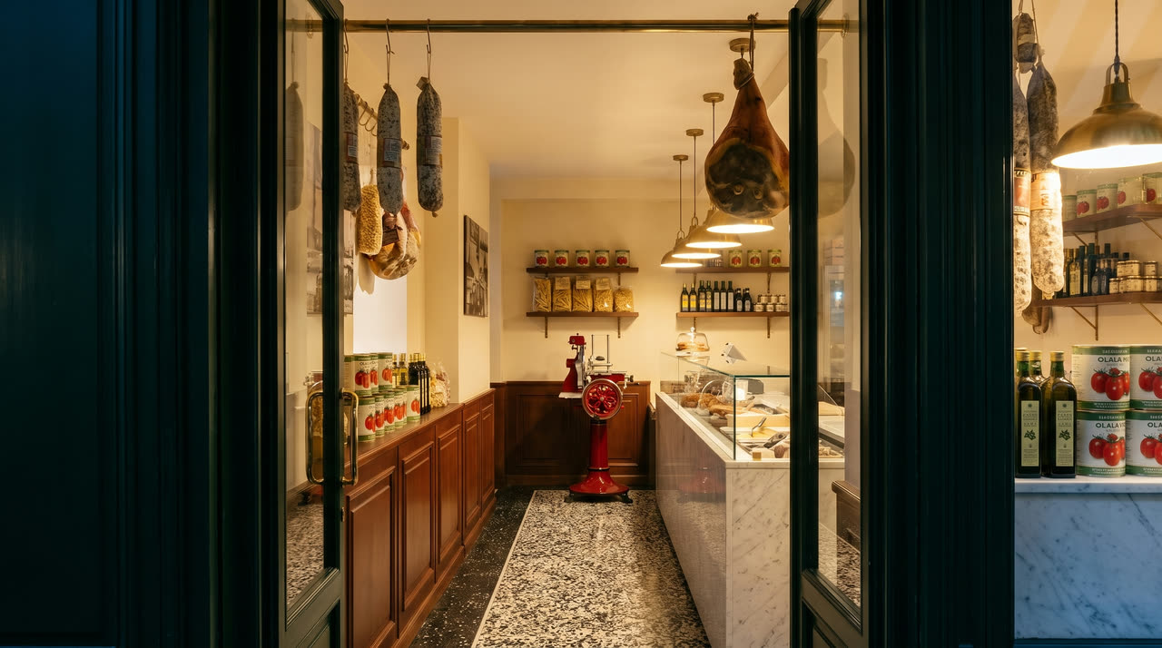 Looking in through the open door of Bottega Rossi, salami hanging overhead and the counter beyond