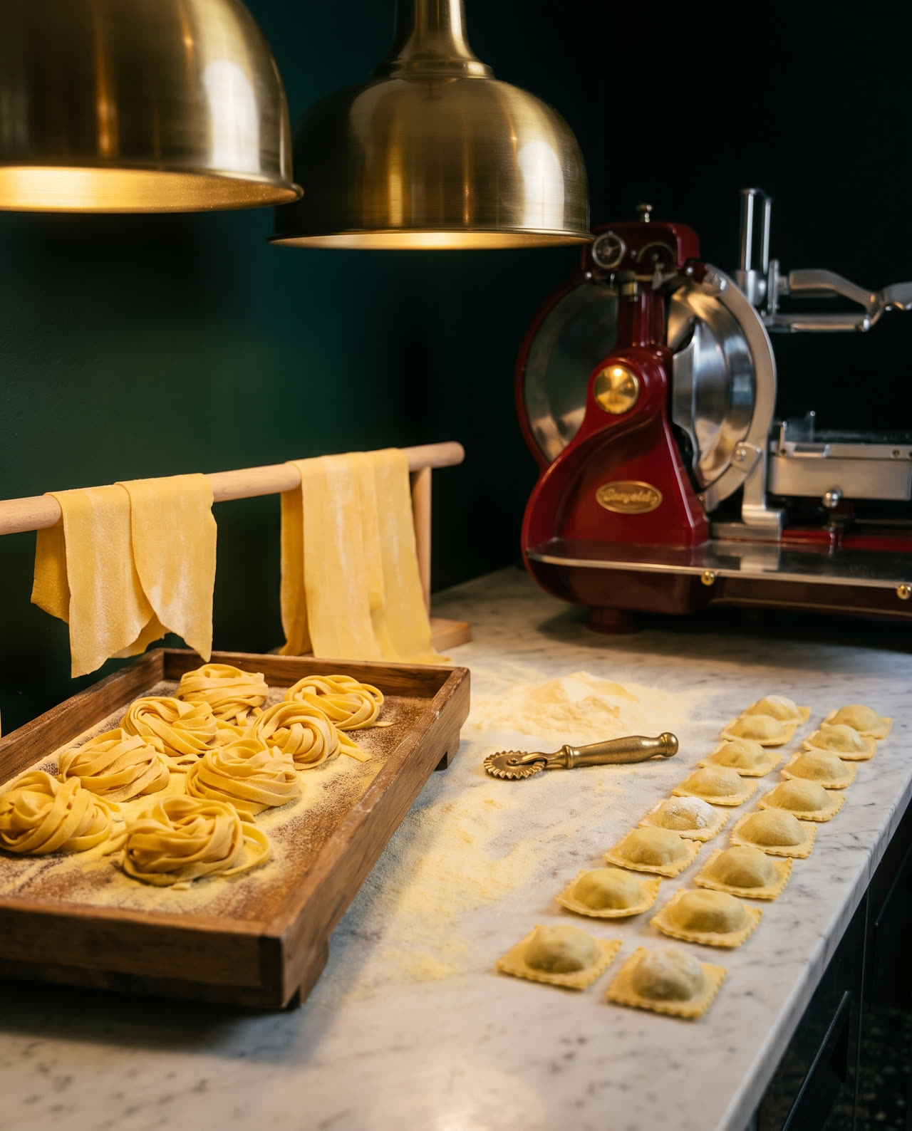 Fresh tagliatelle nests and ricotta ravioli on a wooden tray, dusted with semolina
